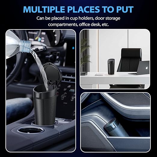 Car Cup Holder Trash Can with Lid - Mini Small Auto Garbage Can Bin for Vehicle, Car Door, Back Seat - Leakproof Portable Dustbin (Black)