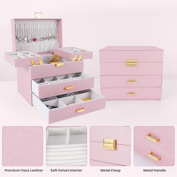 Dajasan Jewelry Organizer Box, Large Jewelry Boxes for Girls, Space-Saving 4 Layers Jewelry Storage Case with Drawer, Gift fo