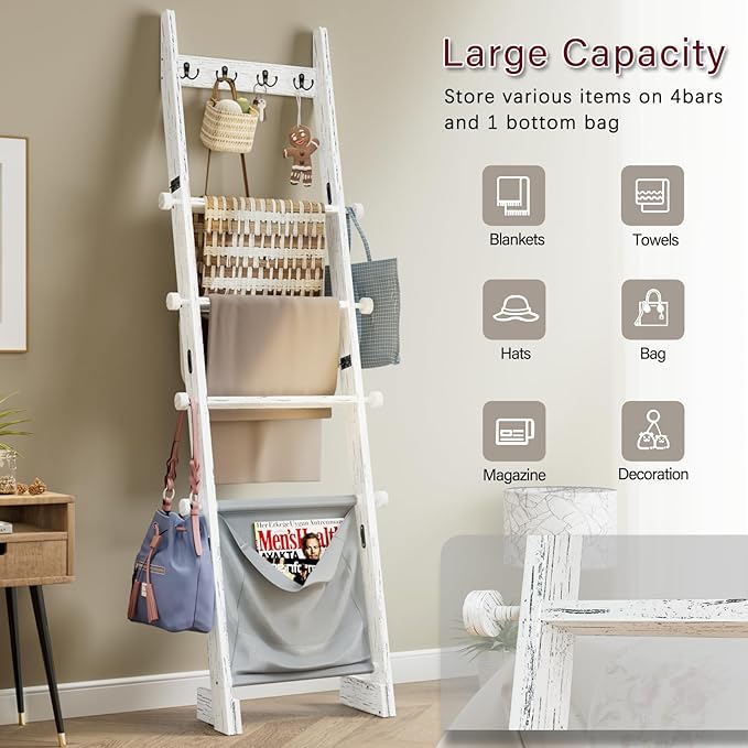 REFGY Blanket Ladder for Living Room, 5-Tier Wooden Blanket Ladder, 5.3Ft Wall Leaning Quilt Ladder for Bedroom, Rustic Decor