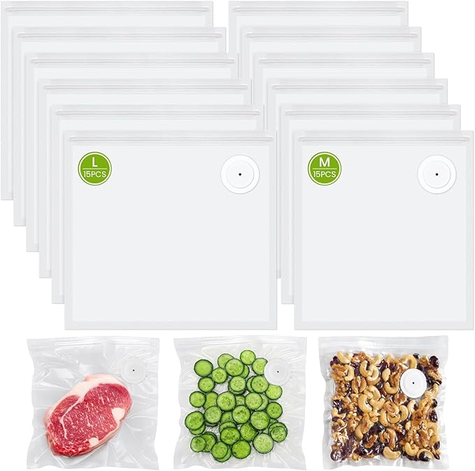 FEPPO Vacuum Sealer Bags for Food,15 PCS 8.3"×8.7" & 15 PCS 10.2"×11" Reusable Vacuum Seal Bags with Air Valve for Food Stora