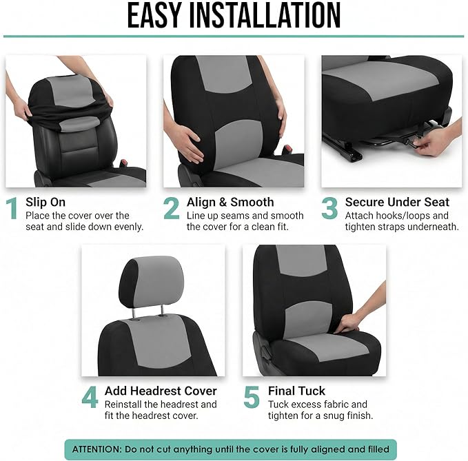 FH Group Bright Flat Cloth Full Set Automotive Seat Covers Front Set and Rear Solid Bench Gray Black Seat Covers w. Gift Univ