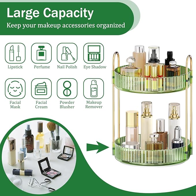 MOKANI 360 Rotating Makeup Organizer for Vanity, 2 Tier Adjustable Perfume Organizer for Dresser, Multi-Function Spinning Cos