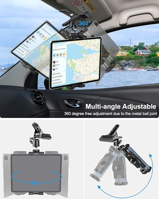 woleyi Sun Visor Car Tablet Holder, Visor Clip Tablet Mount for Car, 360° Rotation Universal Steering Wheel Tablets Clamp with 1/4'' Screw for iPad Pro Air Mini, Phone, Switch, 4.7-13" Devices/Camera