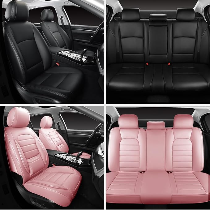 Pink Car Seat Covers Full Set, Universal Faux Leather Seat Covers for Cars 5 Seats, Waterproof Leather Car Seat Covers, Comfo