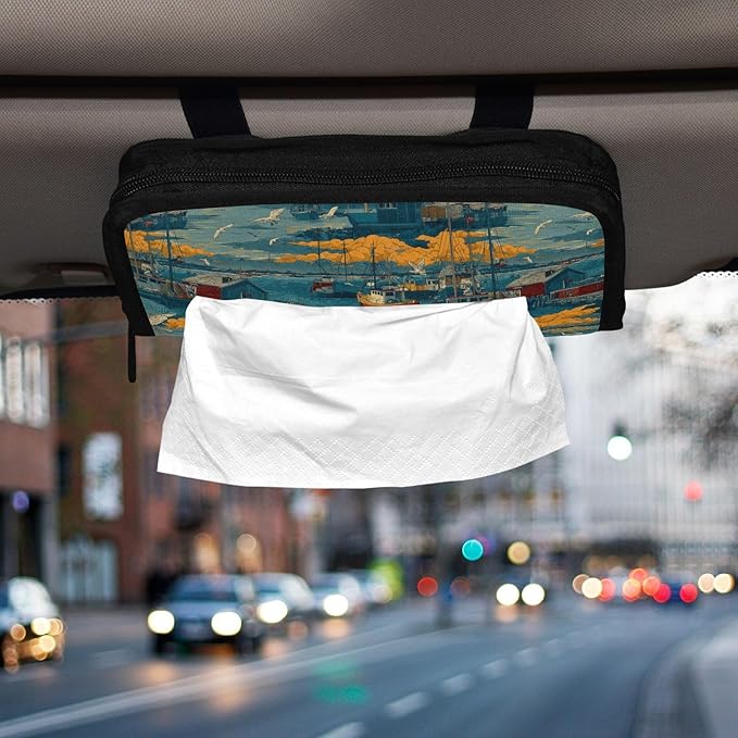 Car Tissue Holder Car Visor Organizer Tissue Box Holder for Car Sun Visor Organizer with Car Vehicle Accessories Essentials Interior for Women Men Blue Boat Seagull Cloud Harbor