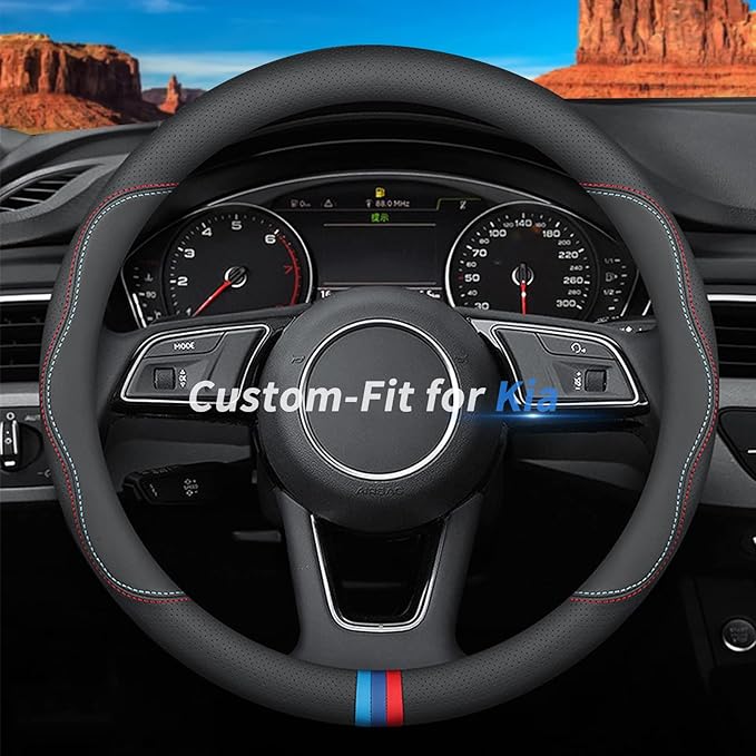 Custom-Fit for Kia Steering Wheel Cover, Premium Leather Car Steering Wheel Cover with Logo, Non-Slip, Breathable, for Kia Accessories (C-Style,for Kia)