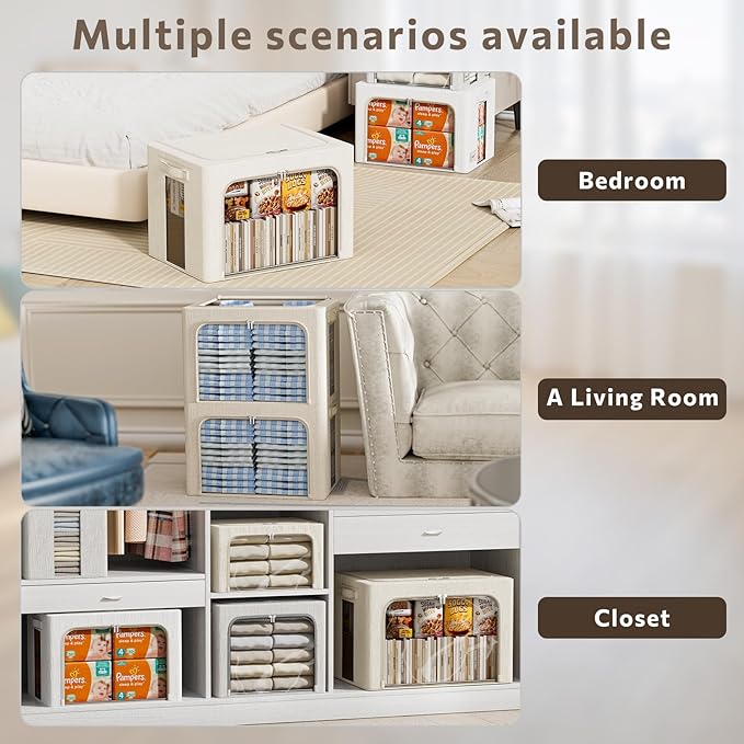 FHSQX 6 Pack Clothes Storage Bins with Metal Frame- Foldable Storage Bins for Clothes Linen Fabric Storage Box with Opening C