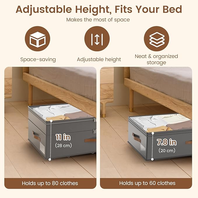 Under Bed Storage with Wheels, 2-Pack Underbed Storage Containers, No Assemble 11 inches 90L XXL Large Adjustable Storage Bin