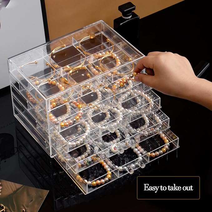SPAKOWN Earring Organizer, Acrylic Earring Box Large 30 Compartments Jewelry Holder Organizer with 5 Drawers Stackable Earrin