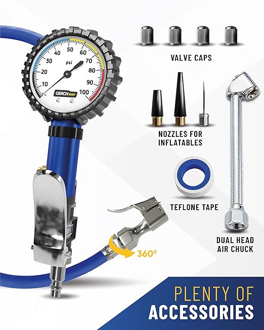 Tire Inflator with Pressure Gauge and Longer Hose - Most Accurate, Heavy Duty Air Chuck with Gauge for Air Compressor Tire Inflator Attachment - 100PSI