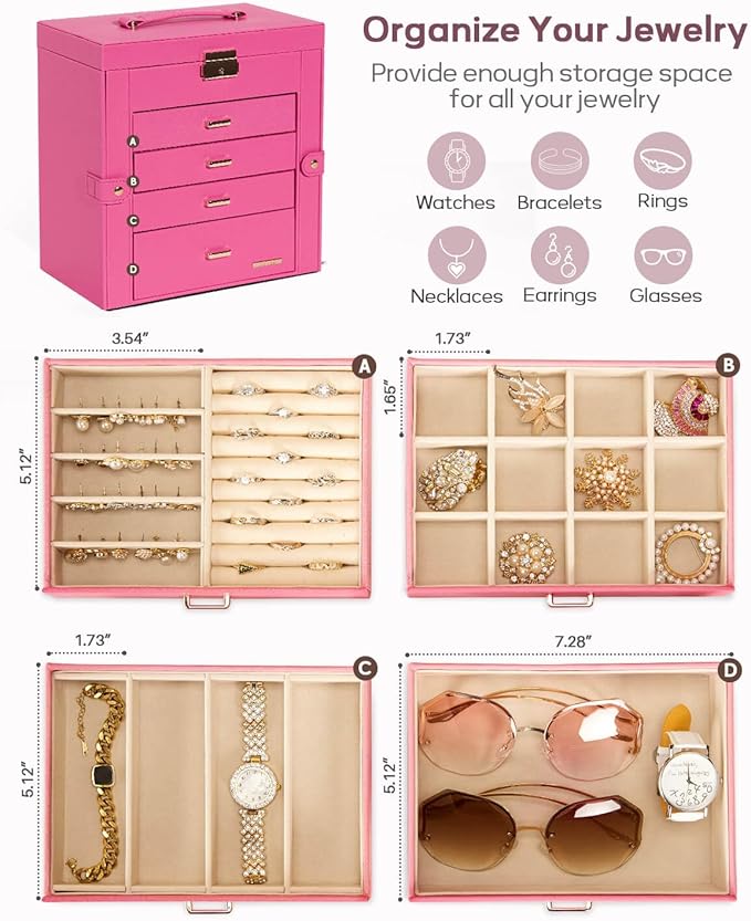 Homde Synthetic Leather Huge Jewelry Box Mirrored Watch Organizer Necklace Ring Earring Storage Lockable Gift Case (Pink + Go