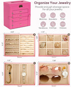 Homde Synthetic Leather Huge Jewelry Box Mirrored Watch Organizer Necklace Ring Earring Storage Lockable Gift Case (Pink + Go