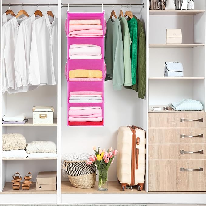MAX Houser 5-Shelf Hanging Closet Organizer, Hanging Storage Shelves with 4 Side Pockets Space-Saving for Bedroom, Foldable (