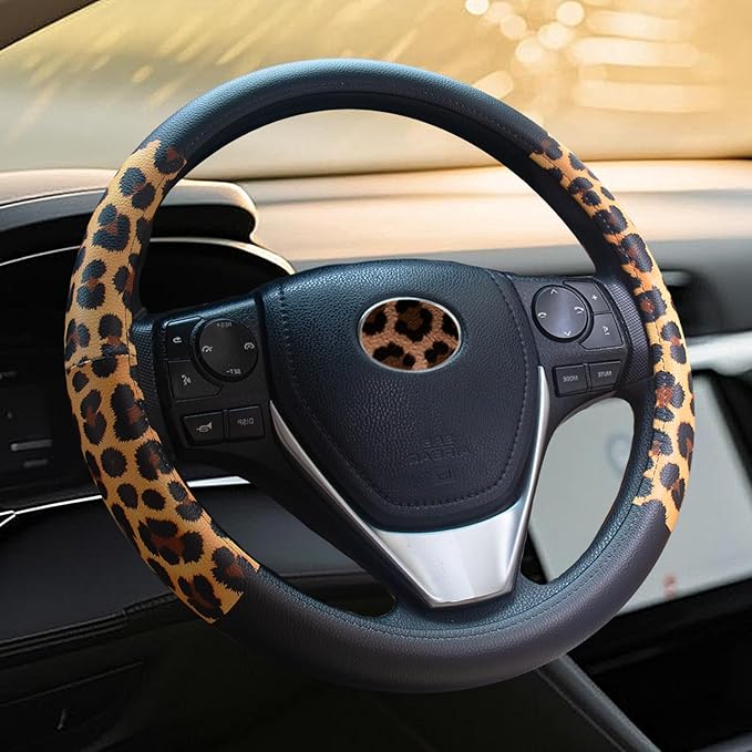 Universal Leather Leopard Cheetah Steering Wheel Cover Women 14.5-15 inch Leopard car Accessories Western Anime Brown Cute Wh