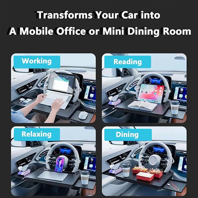 Extendable Car Steering Wheel Tray – Adjustable Car Steering Wheel Desk for Laptop & Eating, 2-in-1 Food Trays for Car, Office, Steering Wheel Desk with Slot for Tablet