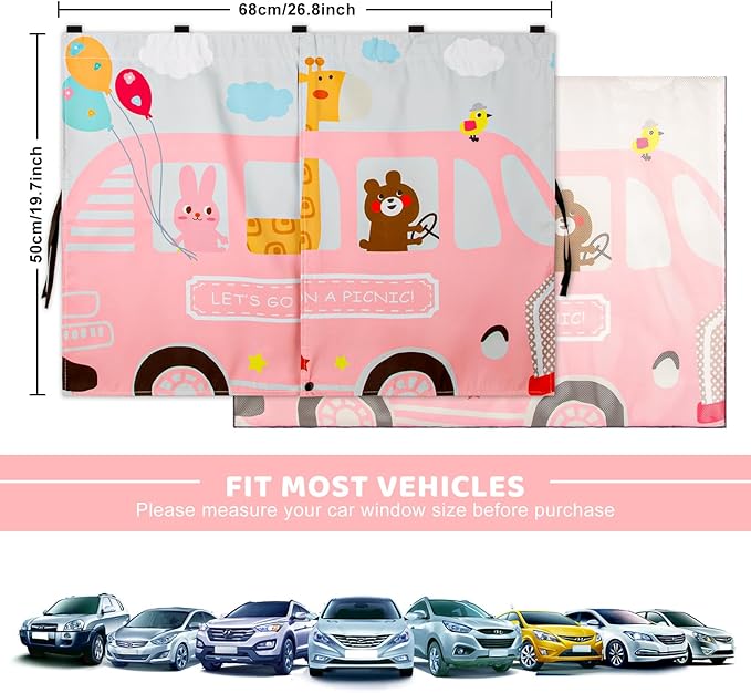 Car Window Shades, 2pcs Magnetic Car Curtains for Side Windows Privacy Full Covers/Half Shade Options, Cute Cartoon Auto Sunshades for Baby Protection Pink