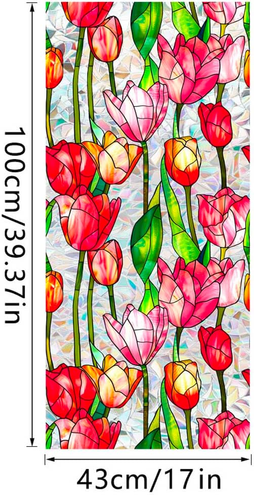 JOONOR Retro Tulip Flowers Window Privacy Film,Stained Glass Decals Colorful Floral Privacy Rainbow Decals Living Room Sun Blocking Decor Removable Static Cling Stickers,16.93 x 39.37 Inch