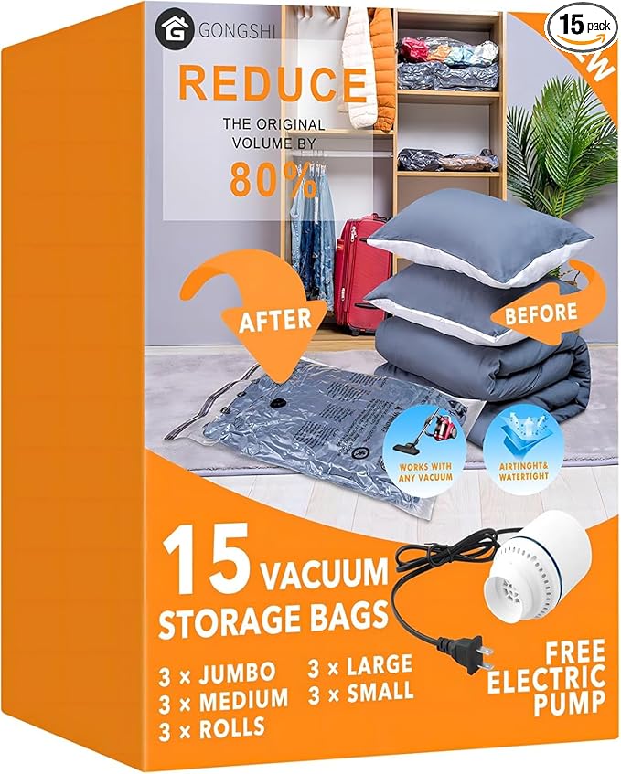 GONGSHI Vacuum Storage Bags, Space Saver Bags for Clothing,Blankets,Comforters, Pillows, Clothes,Travel,15 Combo-EPUMP