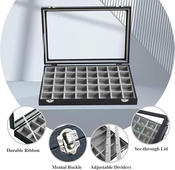 Stratalife Jewelry Organizer 40 Grid Gray Black Jewelry Tray with Clear Dust-proof Lid Velvet Earring Organizer Necklace Ring