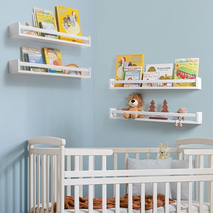 Fun Memories Nursery Book Shelves - Rustic Natural Solid Wood Floating Bookshelf for Kids - Wall Book Shelves for Kids Room (