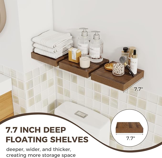 Fun Memories Small Floating Shelves for Wall - 8 Inch Square Wall Shelves with Invisible Brackets, Walnut Shelves for Bathroo