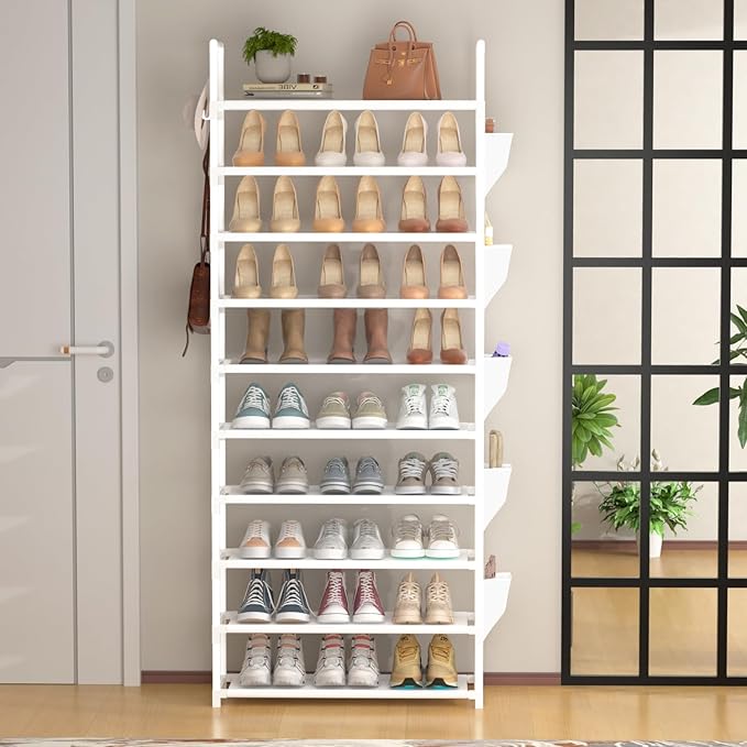 LUKYTOWER Tall Shoe Rack 10 Tier Shoe Racks Organizer for Closet 30-35Pairs,Large Capacity Storage Rack for Shoes with 5Hooks