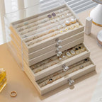 SPAKOWN Ring Box Display Holder, Clear Velvet Jewelry Storage Tray Organizer for Ring Stud Earring (Beige - 5 Drawers)