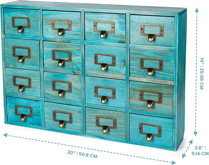 Teal 16-Slot Wooden Drawer Unit - Country Style Desk Organizer Box - 20"x3.6”x14” Wooden Storage Box w/ 16 Drawers - Countert