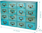 Teal 16-Slot Wooden Drawer Unit - Country Style Desk Organizer Box - 20"x3.6”x14” Wooden Storage Box w/ 16 Drawers - Countert