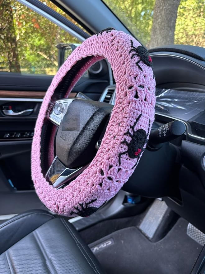 Crochet Spider Steering Wheel Cover Universal 14-15 inch (B,Steering Wheel Cover)