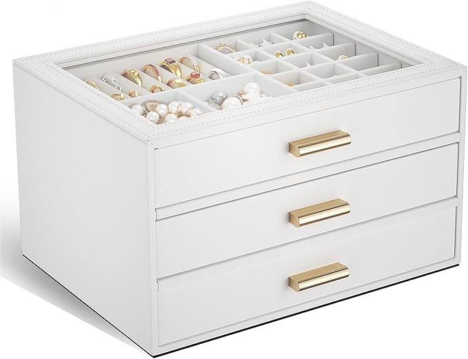 AKOZLIN Jewelry Box with Clear Lid Functional Leather Jewelry Storage Organizer Case 3 Drawers for Women Girls Necklace Ring 
