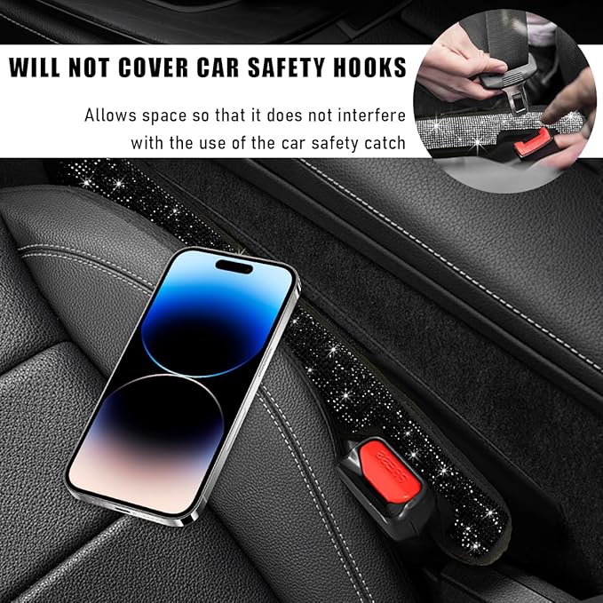 2PCS Bling Car Seat Gap Filler, Sparkling Rhinestone Side Seat Gap Blocker Stop Things from Dropping, Soft Foam Car Truck Filler Blocker Fill The Gaps Between Seats and Console (Black)