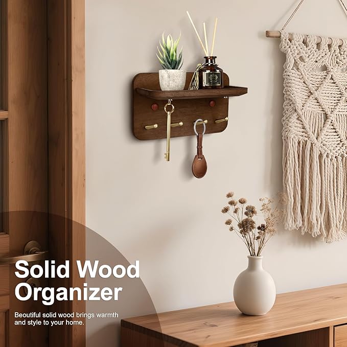 Key Holder Wall Mount, Solid Wood Key Holder for Wall with 4 Brass Hooks & Hidden Magnets, 15° Incline Hooks & Grooved Design