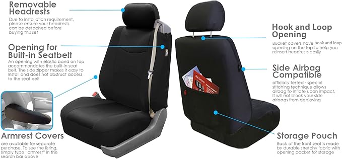 FH Group Front Set Cloth Car Seat Cover for Bucket Seats, Universal Fit, Airbag Compatible, Seat Covers for SUV, Van, Black