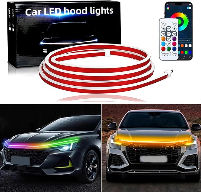 JMTBNO Car LED Hood Light Strip 59" RGB Exterior LED Strip Flexible 12V Multicolor Universal Engine Hood Cover Daytime Running Light Strip Waterproof Remote & APP for Car SUV Truck