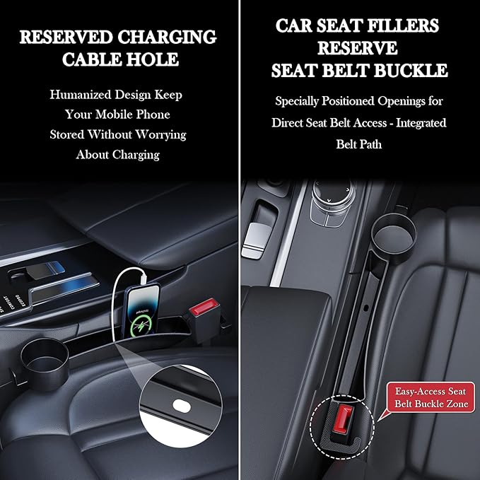 Car Seat Gap Filler Set of 2, Upgraded Car Side Seat Gap Fillers with Organizer, Cup Holder & Hook Function, Inserts Between Front Seats Console Catcher 4in1 Gap Stopper Fill Plug Storage Box (Black)