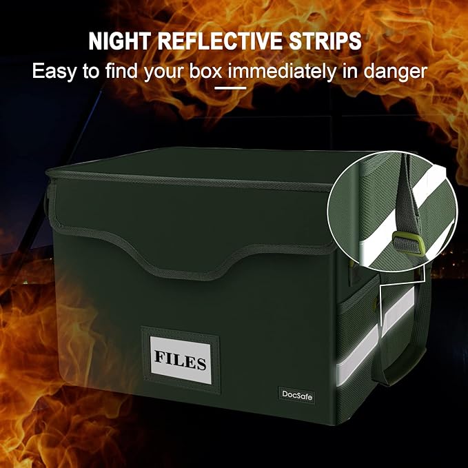 DocSafe Fireproof Document Box with Lock,File Storage Organizer with Mesh Pockets＆Lid,Collapsible Portable File Box Home Offi