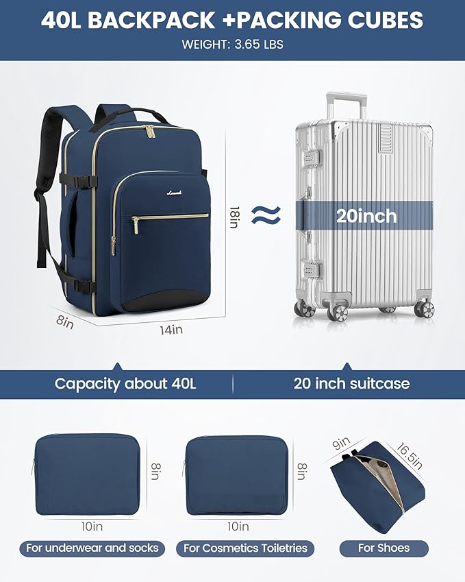 LOVEVOOK Travel Backpack for Women & Men 40L,Airline Approved Carry On Backpack Travel Essentials,TSA Carry on Luggage,Waterp
