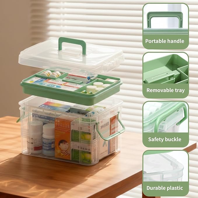 2 Pack Clear Medicine Organizer Storage Box with Tray, Portable Medicine Cabinet with Handle, Plastic First Aid box Empty wit
