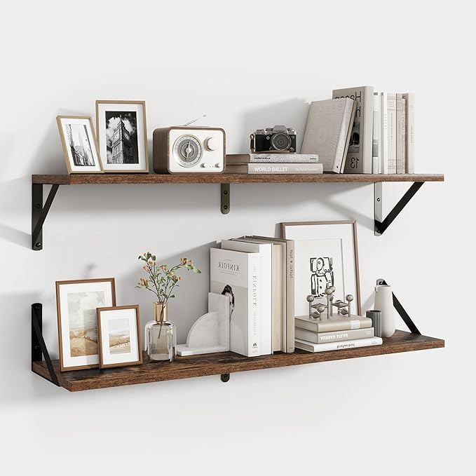 Axeman 32 Inch Floating Shelves | 8 Inch Deep Brown Wood Wall Shelves Set of 2 | 31.5" W x 8" D Rustic Brown Floating Shelves
