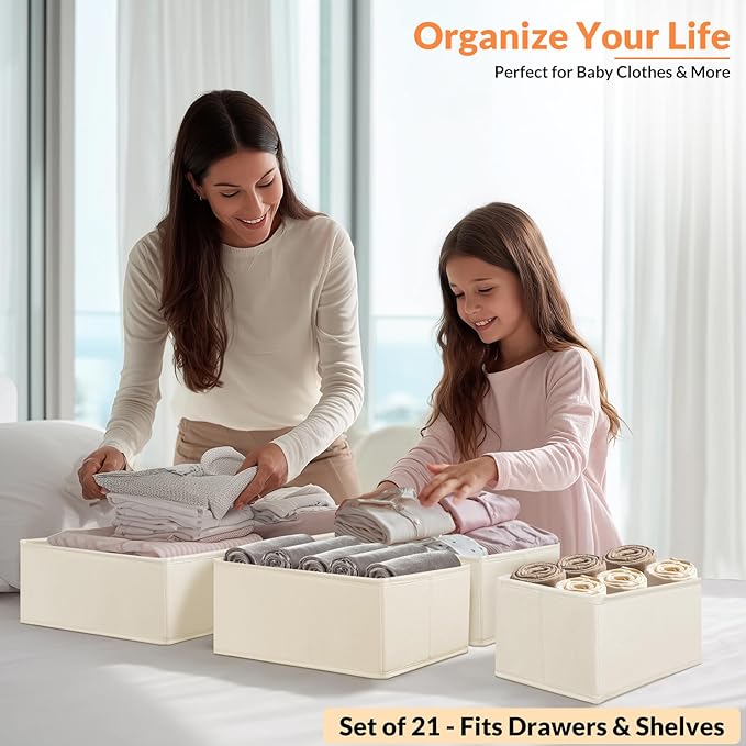 Premium Natural Linen Drawer Organizer Clothes, 21 Pack Dresser Organizer for Baby Clothes, Underwear, Socks, 3 Sizes Foldabl