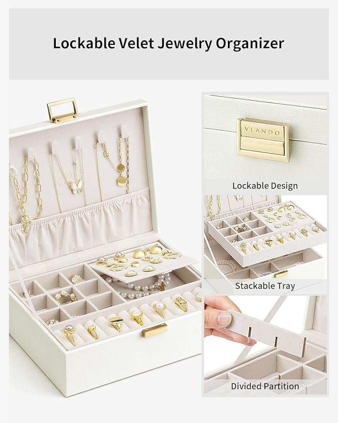 VLANDO Jewelry Box for Women, Gift for Women Girls,2 Layer Jewelry Box,Large Jewelry Organizer for Women Removable Jewelery T