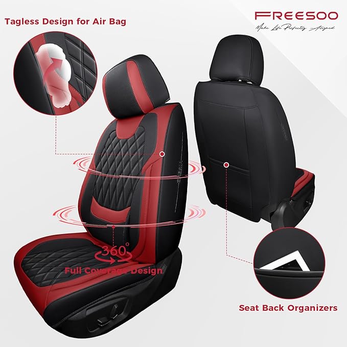 FREESOO Black Red Car Seat Covers Full Set - Faux Nappa Leather Seat Covers for Cars, Breathable Waterproof Front Seats with 