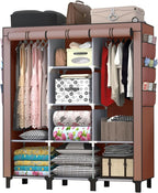 Portable Wardrobe with 10 Storage Racks and 2 Hanging Poles 6 Side Pockets Fleece Cover, Size 130 x 45 x 172 cm, Bedroom Clos