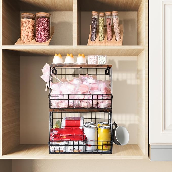 Mefirt 2pcs Fruit Basket Kitchen Storage Basket with Wood Lid, Stackable Wall Basket Fruit Basket for Kitchen, Countertop Org
