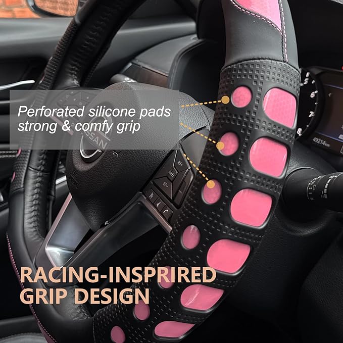 PINCTROT D Shaped Race Grip Steering Wheel Cover, Anti Slip Silicone Perforated Design with Soft Touch Padding, Enhanced Grip for Sporty Driving Flat Bottom 14.5-15 Inch (Racing Pink)
