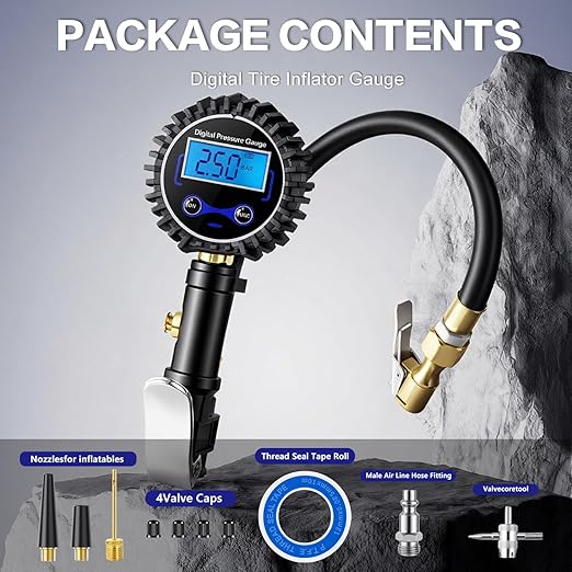 Digital Tire Pressure Gauge with Inflator, 250 PSI Heavy Duty Air Chuck & Compressor Accessories with Quick Connect Coupler and Rubber Hose for Cars, Inflatables