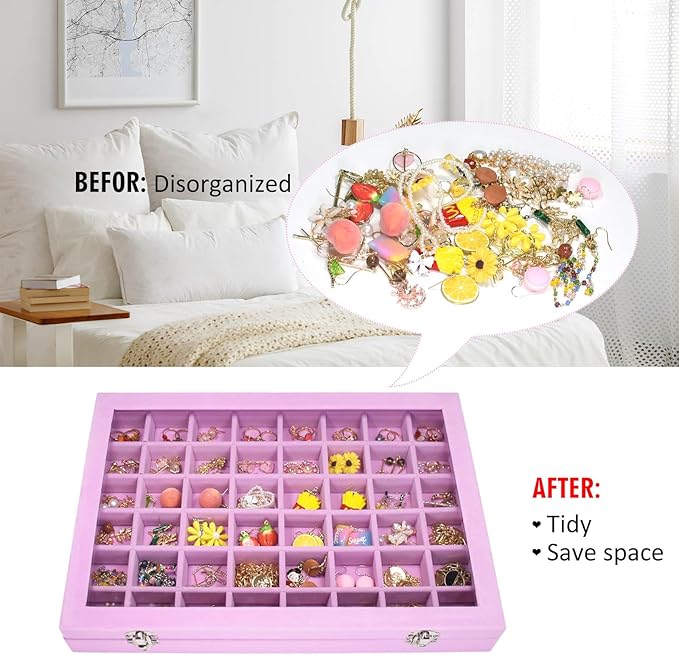 Vicoter Velvet Jewelry Tray 48 Compartments Jewelry Display Organizer with Transparent Cover Rings, Earrings, Necklaces, Pend