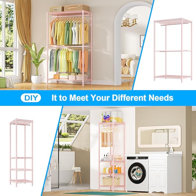 Ulif E10 Clothes Rack（With Stretchable Hanger Rod）Freestanding Clothing Racks for Hanging Clothes，Adjustable Closet Organizer