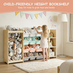 EXPERLAM 3-in-1 Toy Storage Organizer, Stuffed Animal Holder & 3-Tier Bookcase, Solid Wood Toy Organizer with 12 Storage Bins